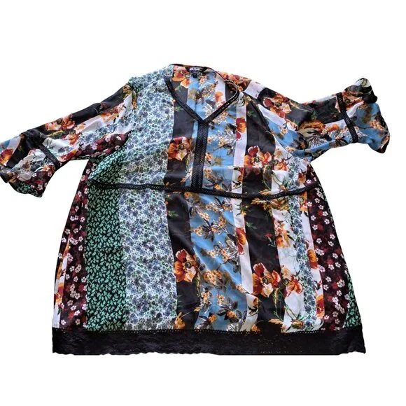 Ulla Popken Plus Size 20/22 Floral Patchwork Tunic Top Lace 20/22 Sheer Flowy - Picture 1 of 10